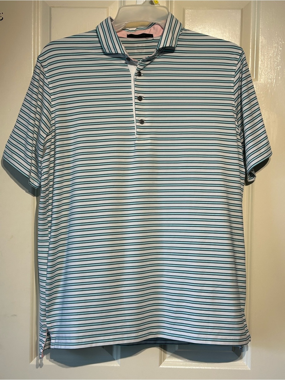 Greyson Mens Large Polo Shirt Blue White Stripe Performance Premium Golf Preppy